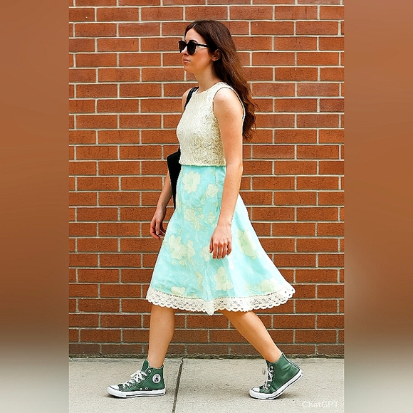 VAMP🌻Boho Green Floral Print A-Line Flared Skirt with Crochet Lace Sz: L - Picture 1 of 10